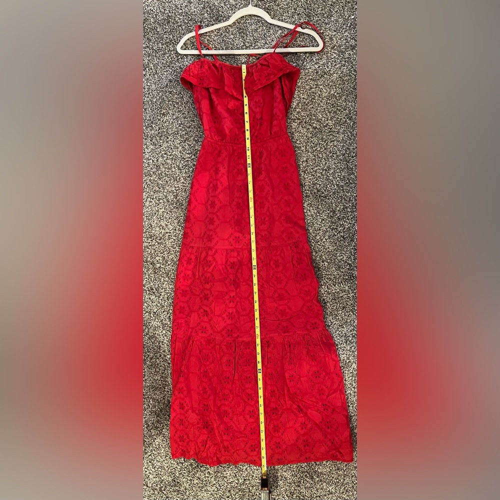 Women’s ASOS Cotton Red Maxi Dress Tiered Cami Eyelet Sundress Lined size 4 - Picture 9 of 10